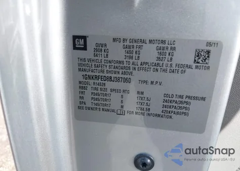 2011 Chevrolet Traverse Ls из США, поврежденный, VIN 1GNKRFED8BJ387060